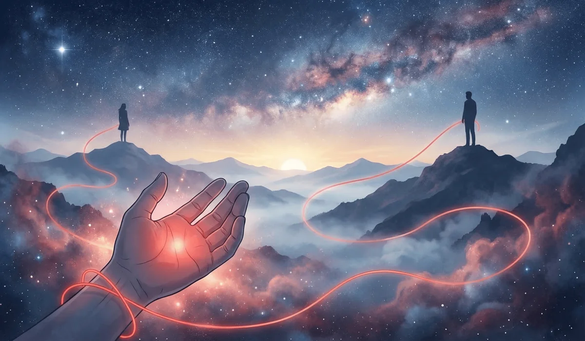 The Spiritual Meaning of Your Red String Bracelet Falling Off 1 - Buddha Bodhis Conceptual art of the Red String of Fate and its connection to the Root Chakra and spiritual destiny.