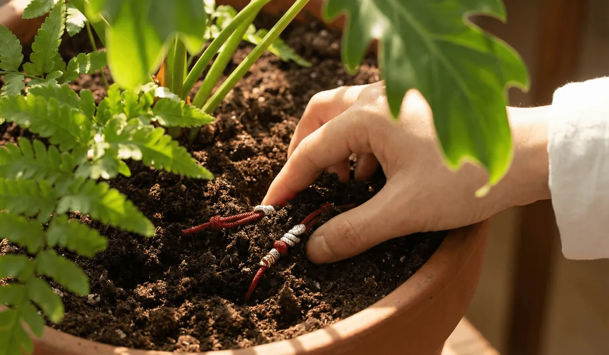 The Spiritual Meaning of Your Red String Bracelet Falling Off 3 - Buddha Bodhis A person respectfully returning a broken red string bracelet to the earth by burying it in a plant, symbolizing energy transformation.