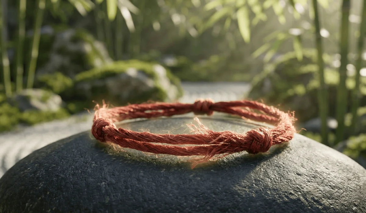 The Spiritual Meaning of Your Red String Bracelet Falling Off - Buddha Bodhis A naturally fallen red string bracelet on a stone, symbolizing the completion of a spiritual protection cycle and energy absorption.