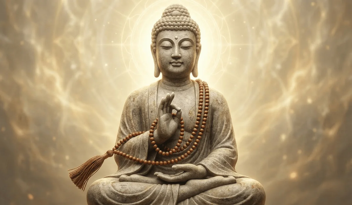 The Spiritual Significance and Healing Benefits of Wearing Agarwood Beads 2 - Buddha Bodhis A 108-bead Agarwood mala on a Buddha statue symbolizing spiritual meaning and Crown Chakra alignment.