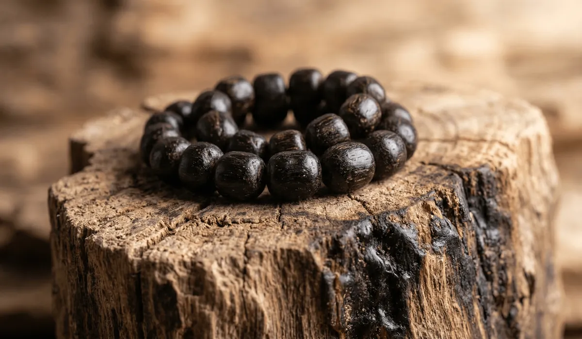 The Spiritual Significance and Healing Benefits of Wearing Agarwood Beads - Buddha Bodhis Close-up of authentic dark resinous Agarwood beads and raw Aquilaria wood showing the natural origin of Oud.