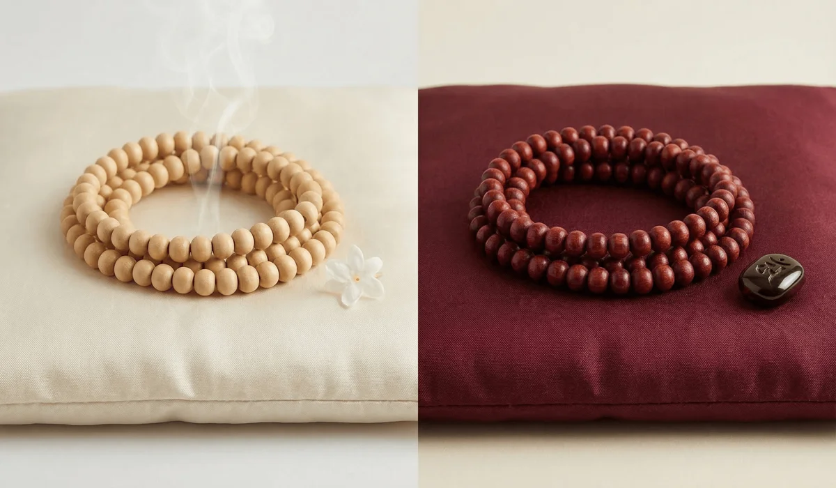 The Spiritual Benefits of Sandalwood Mala Beads for Peace and Focus 2 - Buddha Bodhis Comparison between aromatic white sandalwood beads and grounding red sandalwood beads.