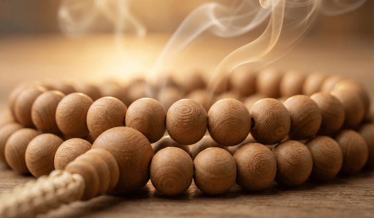 The Spiritual Benefits of Sandalwood Mala Beads for Peace and Focus - Buddha Bodhis Close-up of authentic 108 sandalwood mala beads with a Guru bead showing natural wood grain.