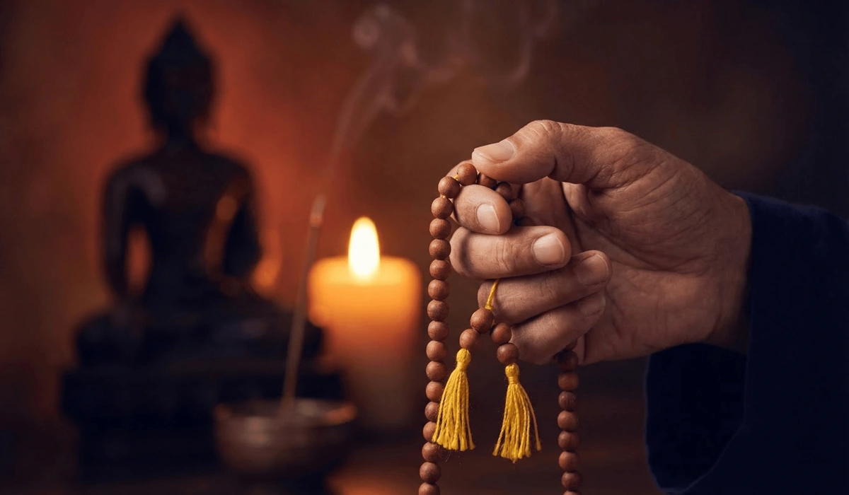 The Spiritual Benefits of Sandalwood Mala Beads for Peace and Focus 1 - Buddha Bodhis Practitioner using sandalwood mala beads for Japa meditation to balance chakras.