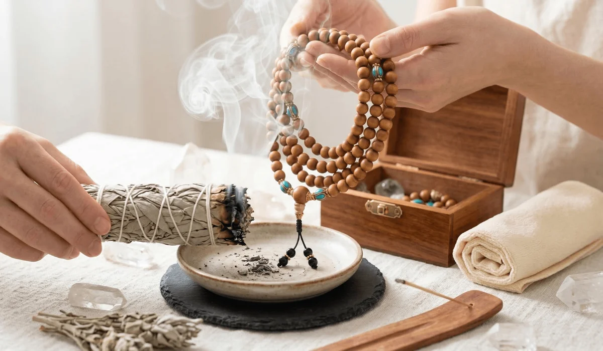 The Spiritual Benefits of Sandalwood Mala Beads for Peace and Focus 3 - Buddha Bodhis Cleansing sandalwood mala beads with incense smoke to preserve scent and energy.