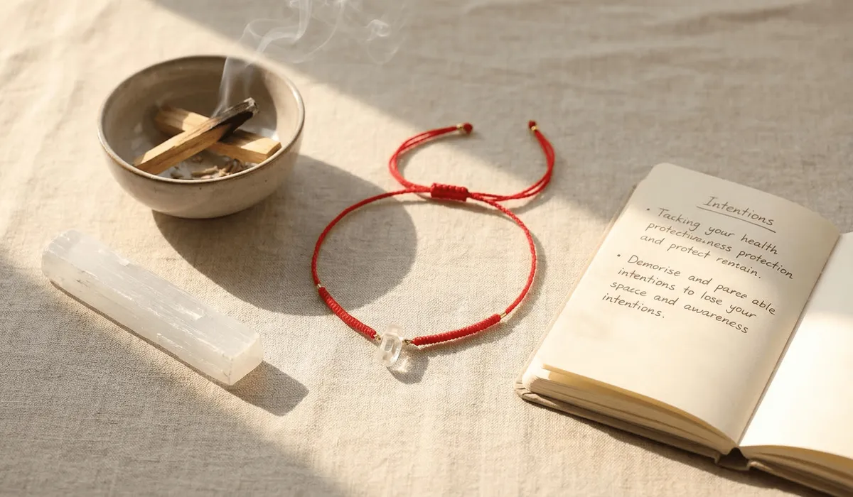 The Sacred Symbolism of the Red String: Comparing Tattoos and Physical Threads 3 - Buddha Bodhis A ritual setup for cleansing and charging a red string belly chain with incense and crystals.