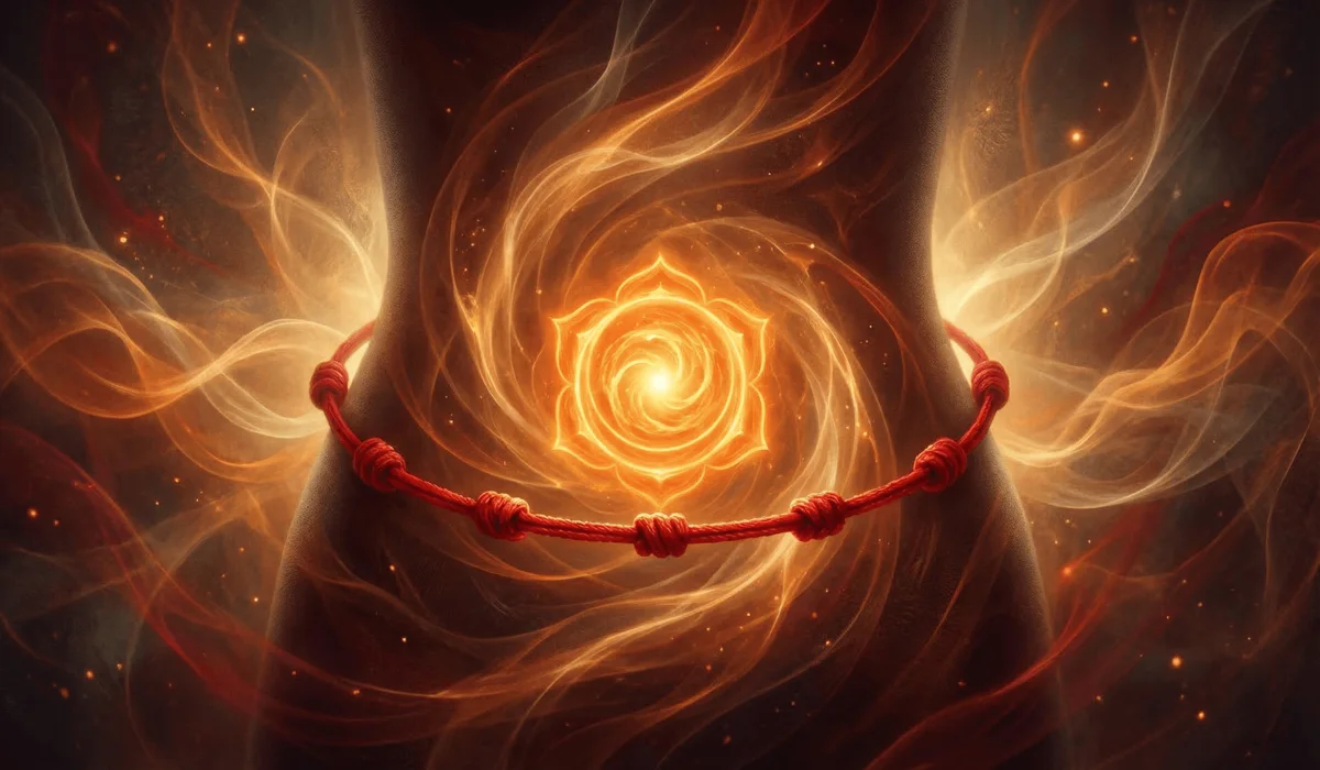 The Sacred Symbolism of the Red String: Comparing Tattoos and Physical Threads 1 - Buddha Bodhis Spiritual illustration of a red string protecting the sacral chakra and grounding personal energy.