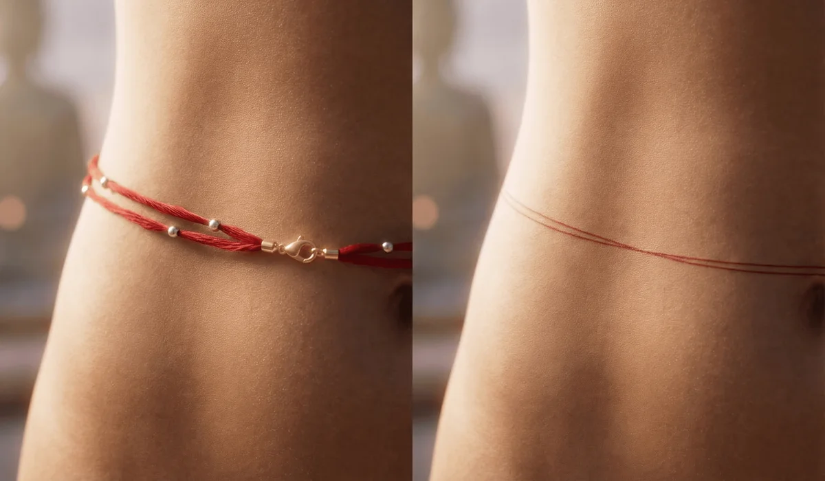 The Sacred Symbolism of the Red String: Comparing Tattoos and Physical Threads - Buddha Bodhis Comparison between a physical red silk belly chain and a permanent red string tattoo on a person's waist.