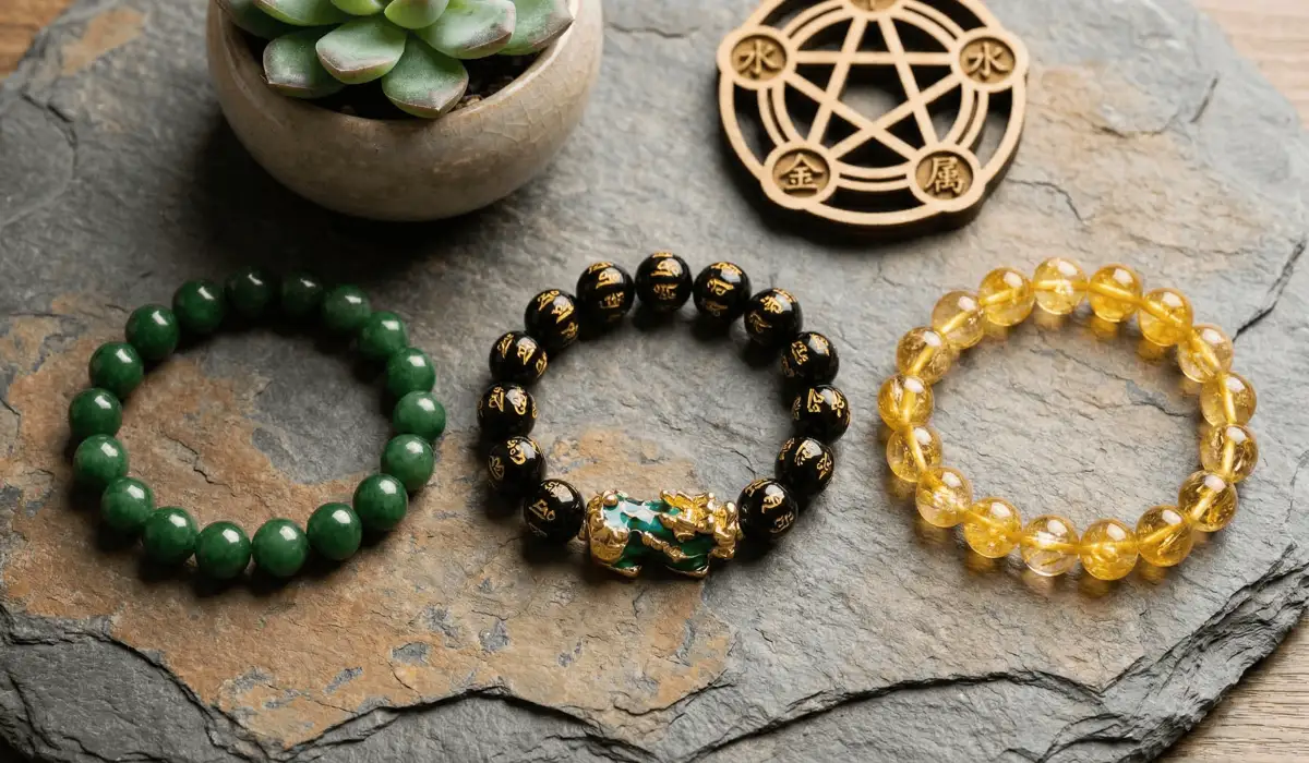 How Many Feng Shui Bracelets Can You Wear at Once? Rules and Best Practices - Buddha Bodhis A collection of Feng Shui bracelets featuring Jade, Obsidian Pixiu, and Citrine on a natural stone background representing the Five Elements.
