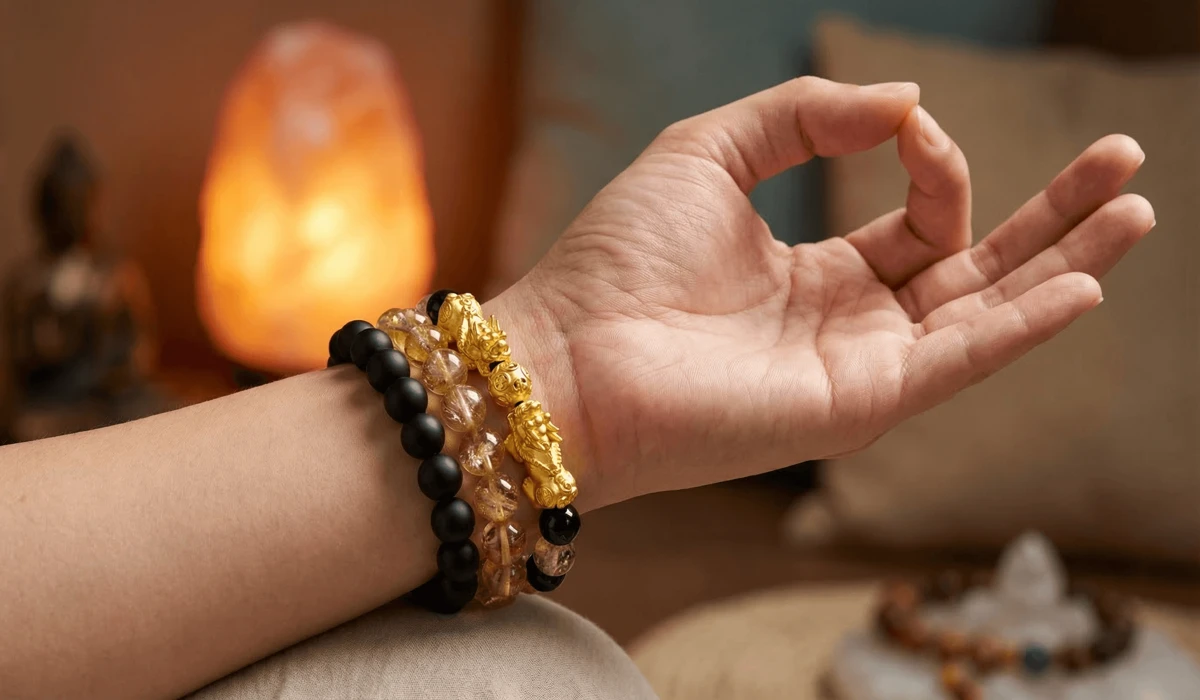 How Many Feng Shui Bracelets Can You Wear at Once? Rules and Best Practices 1 - Buddha Bodhis Close-up of a person wearing a wealth and protection bracelet stack consisting of Black Obsidian and Citrine crystals.