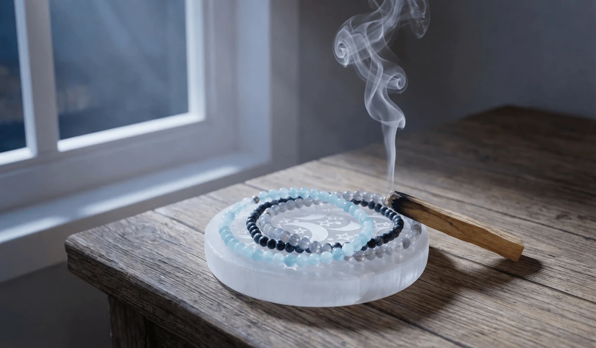 How Many Feng Shui Bracelets Can You Wear at Once? Rules and Best Practices 4 - Buddha Bodhis Feng Shui crystal bracelets being cleansed on a Selenite charging plate with Palo Santo smoke in a moonlit room.