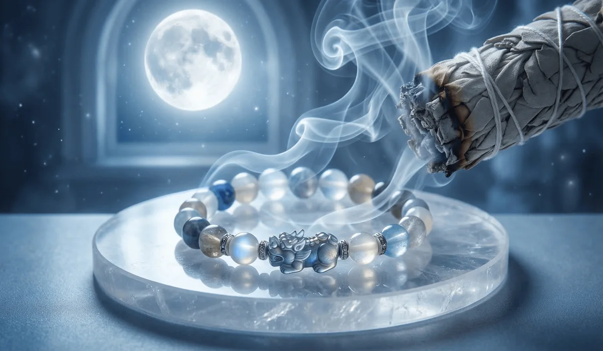 Essential Rules and Taboos for Wearing Feng Shui Bracelets 3 - Buddha Bodhis Cleansing a Feng Shui bracelet with sage smoke and charging it under moonlight to reset its energy vibration.