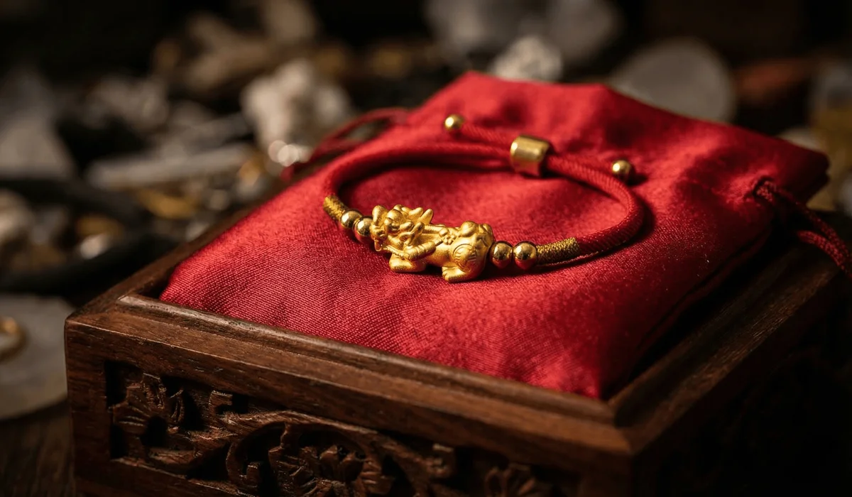 Essential Rules and Taboos for Wearing Feng Shui Bracelets 2 - Buddha Bodhis A Feng Shui bracelet stored correctly on a red silk pouch to avoid energy stagnation and maintain spiritual integrity.
