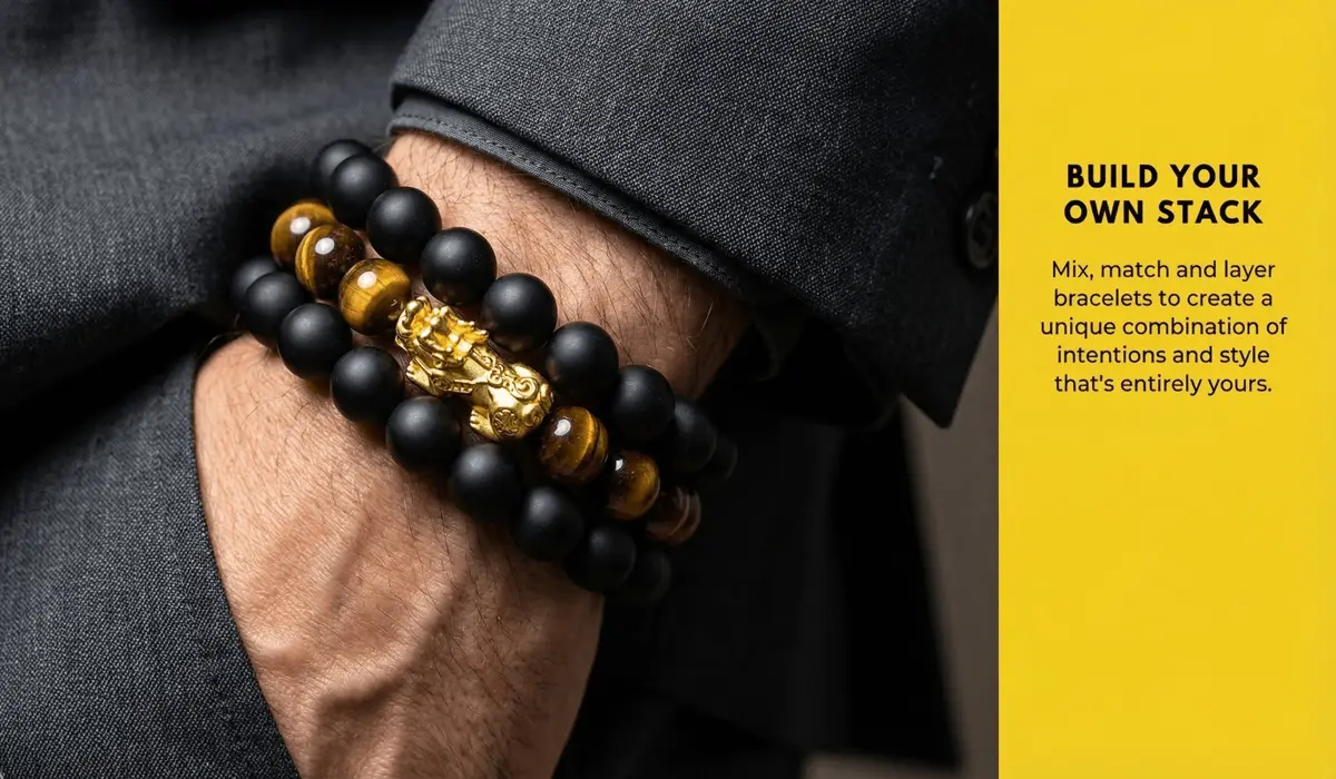 How Many Feng Shui Bracelets Can a Man Wear at Once? Rules for Stacking and Layering - Buddha Bodhis A man wearing a stack of three Feng Shui bracelets including black obsidian and tiger's eye for energy layering and masculine style.