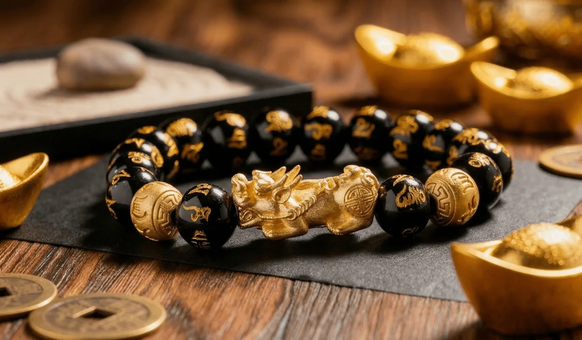 How Many Feng Shui Bracelets Can a Man Wear at Once? Rules for Stacking and Layering 1 - Buddha Bodhis Detailed macro shot of a golden Pixiu charm on a men's wealth bracelet symbolizing protection and financial security.