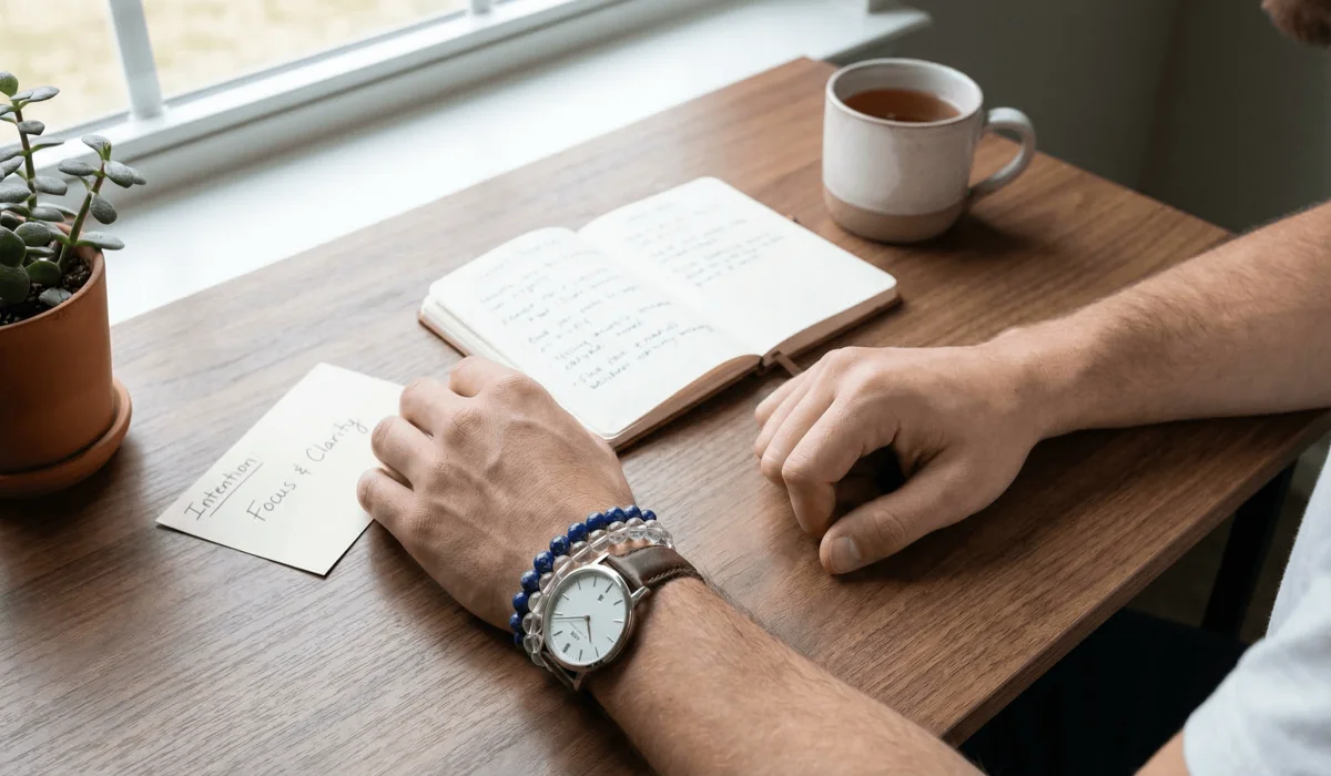 How Many Feng Shui Bracelets Can a Man Wear at Once? Rules for Stacking and Layering 2 - Buddha Bodhis Visual demonstration of the 2:1:1 rule for stacking Feng Shui bracelets and a watch on a man's left receiving hand.