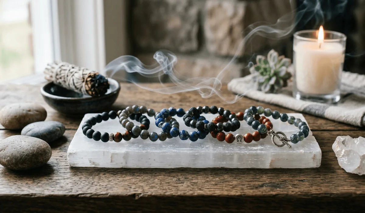 How Many Feng Shui Bracelets Can a Man Wear at Once? Rules for Stacking and Layering 3 - Buddha Bodhis Men's Feng Shui bracelets being cleansed and charged on a selenite plate with sage smoke to maintain energy purity.