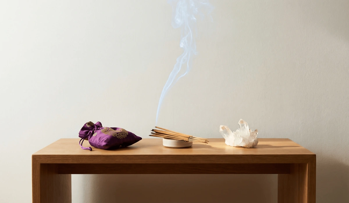 Can You Wear Your Feng Shui Bracelet While Sleeping? Rules and Best Practices 1 - Buddha Bodhis A dedicated sacred space with incense and crystals for storing Feng Shui jewelry