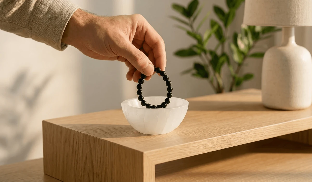 Can You Wear Your Feng Shui Bracelet While Sleeping? Rules and Best Practices - Buddha Bodhis Feng Shui bracelet placed in a Selenite charging bowl for nightly energy clearing