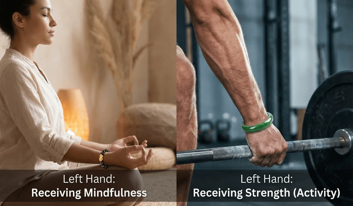 Can You Wear Your Feng Shui Bracelet While Working Out? A Practical Guide to Preservation and Energy 1 - Buddha Bodhis Split view showing a Feng Shui bracelet used during meditation versus being worn during a weightlifting workout.