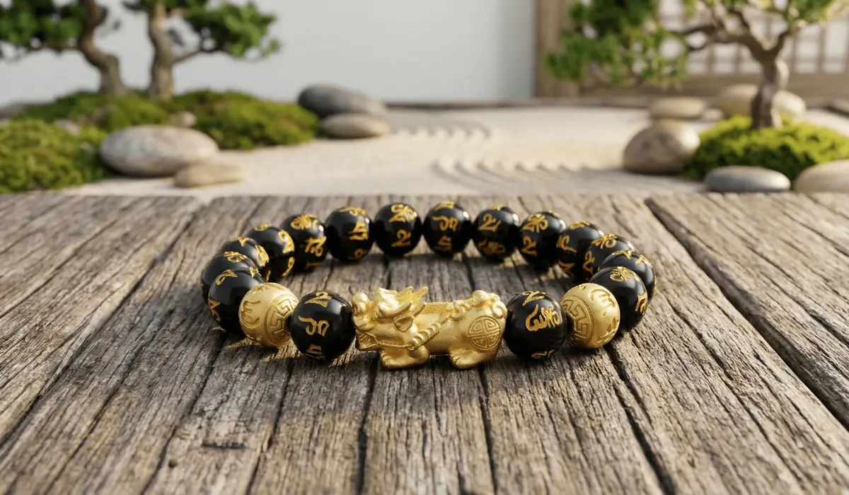 Can You Wear Your Feng Shui Bracelet While Working Out? A Practical Guide to Preservation and Energy - Buddha Bodhis A detailed close-up of a black obsidian Feng Shui bracelet with a golden Pixiu charm, symbolizing protection and wealth.