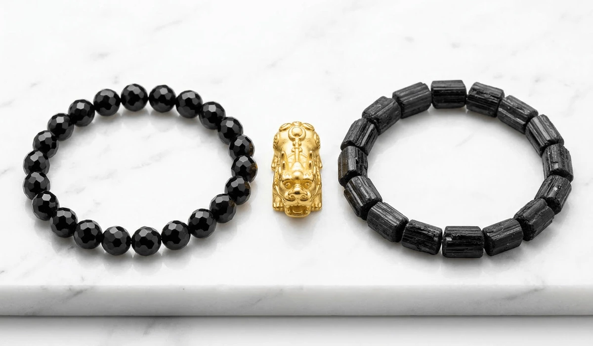 Can You Wear Your Feng Shui Bracelet While Working Out? A Practical Guide to Preservation and Energy 3 - Buddha Bodhis Comparison of Obsidian and Black Tourmaline bracelets, showing different textures and styles of spiritual jewelry.