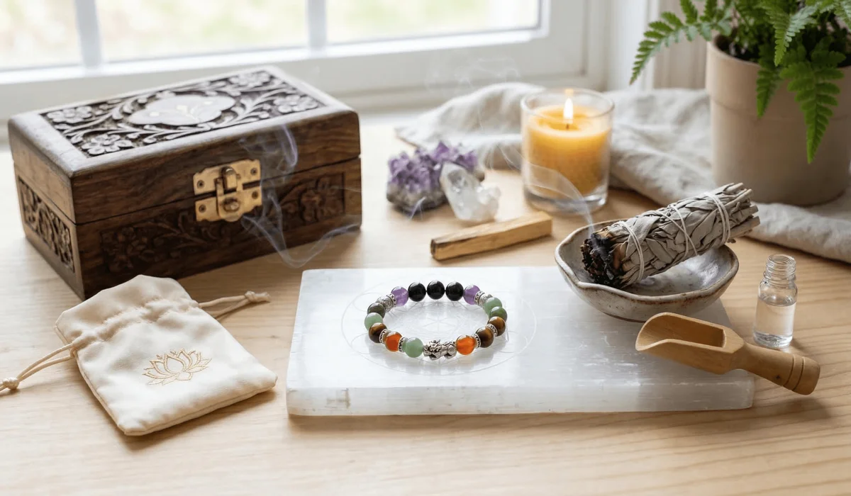 Can You Wear Your Feng Shui Bracelet While Working Out? A Practical Guide to Preservation and Energy 4 - Buddha Bodhis A Feng Shui bracelet being cleansed on a Selenite plate with sage smoke to maintain its energetic frequency.