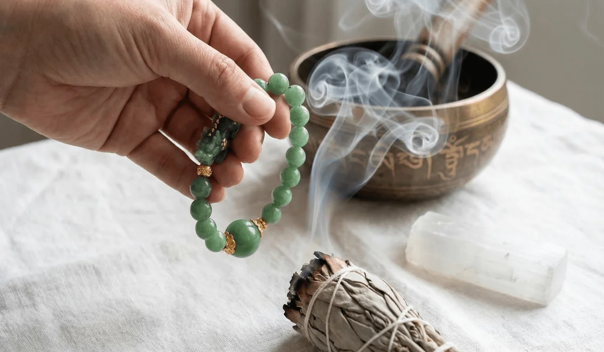 How and When to Properly Put On and Activate Your New Feng Shui Bracelet 3 - Buddha Bodhis Cleansing a Feng Shui bracelet using sage smoke and crystals to remove stagnant energy before activation.