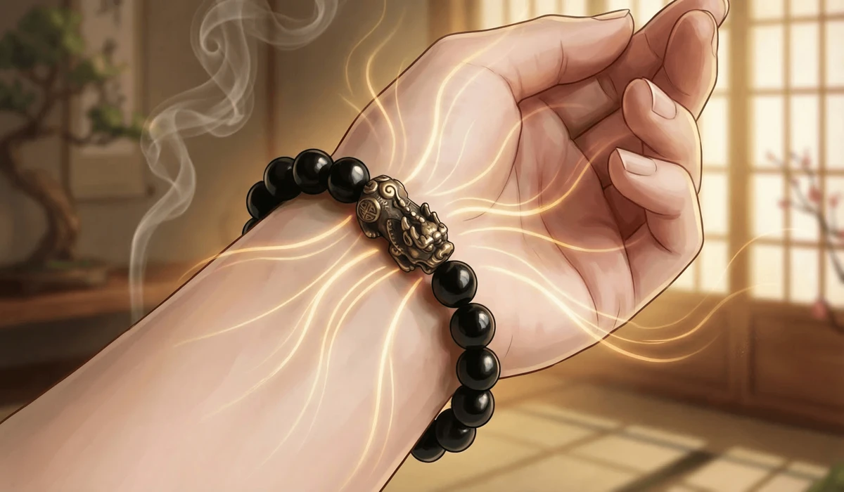 How and When to Properly Put On and Activate Your New Feng Shui Bracelet 2 - Buddha Bodhis Close-up of a Feng Shui bracelet worn on the left wrist to receive wealth and luck energy according to traditional rules.