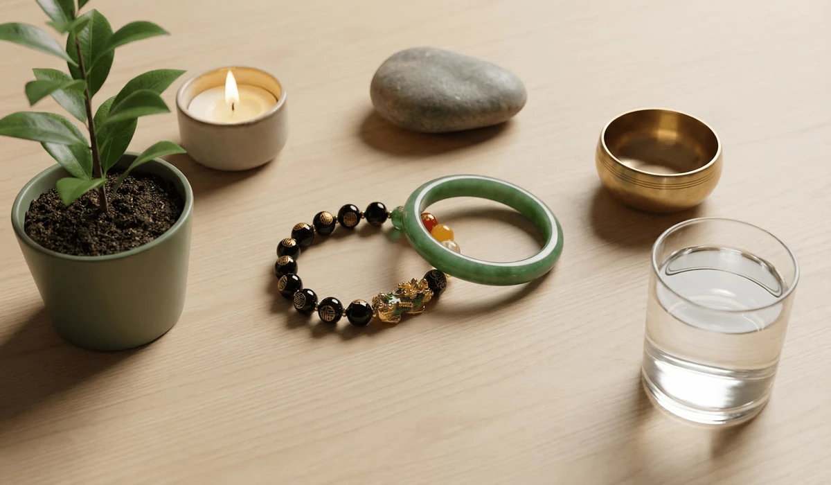 How and When to Properly Put On and Activate Your New Feng Shui Bracelet 1 - Buddha Bodhis Feng Shui bracelets made of Obsidian and Jade surrounded by symbolic representations of the Five Elements.