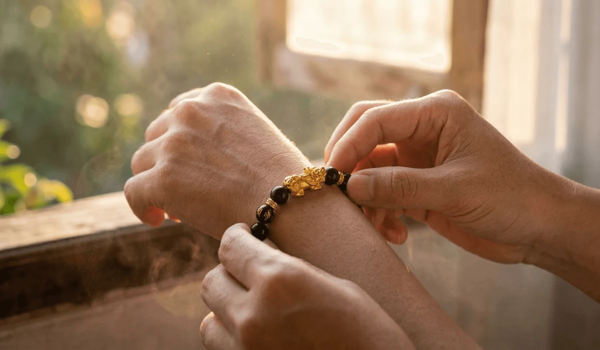 How and When to Properly Put On and Activate Your New Feng Shui Bracelet - Buddha Bodhis Person putting on a Feng Shui bracelet during the auspicious Dragon Hour (7 AM - 9 AM) with golden morning sunlight.