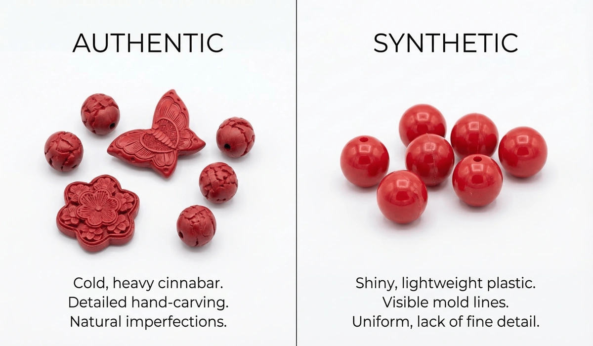 Where to Buy Authentic Feng Shui Bracelets: A Guide to Finding Original Pieces 3 - Buddha Bodhis Comparison between authentic carved cinnabar beads and synthetic imitation materials.