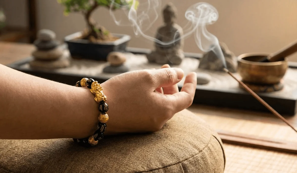 Where to Buy Authentic Feng Shui Bracelets: A Guide to Finding Original Pieces 2 - Buddha Bodhis Close-up of a Pixiu wealth bracelet worn on the left hand during a mindfulness practice.