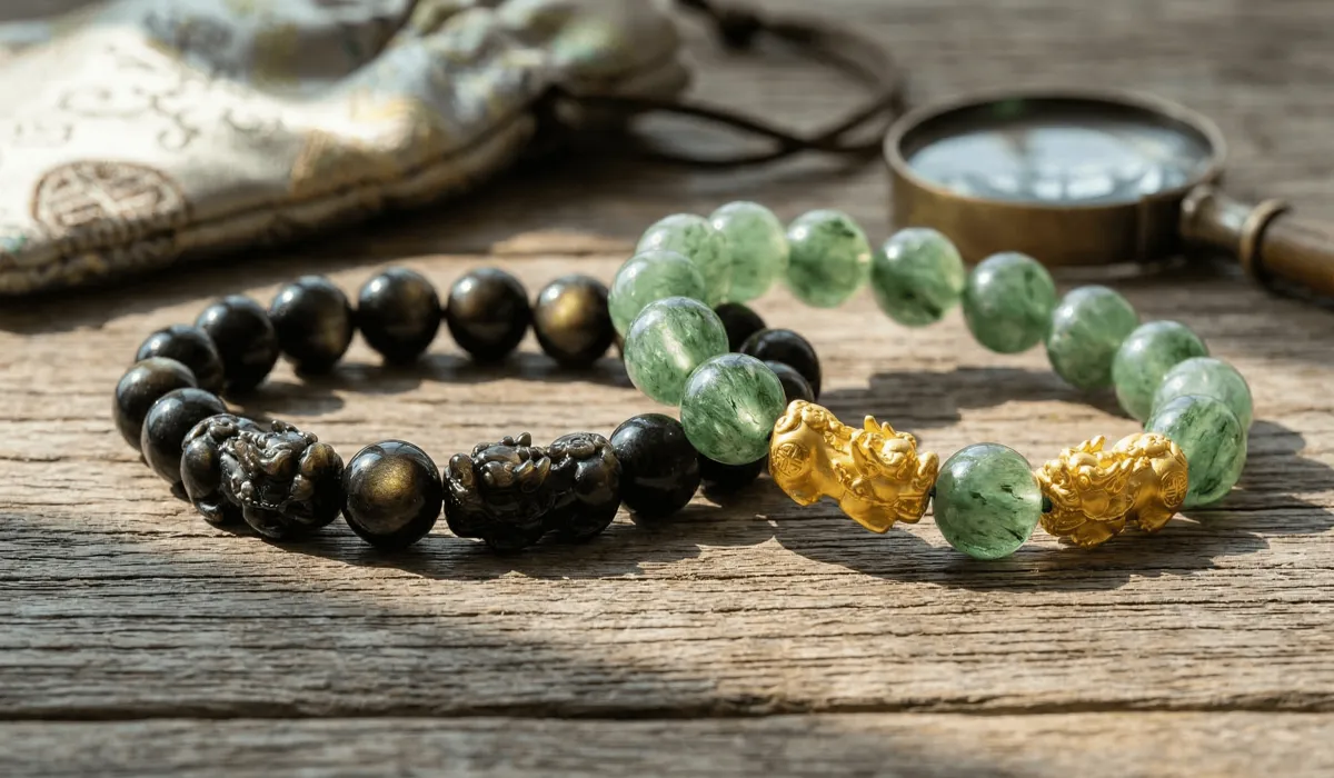 Where to Buy Authentic Feng Shui Bracelets: A Guide to Finding Original Pieces - Buddha Bodhis Authentic black obsidian and green jade Feng Shui bracelets showing natural textures and quality craftsmanship.