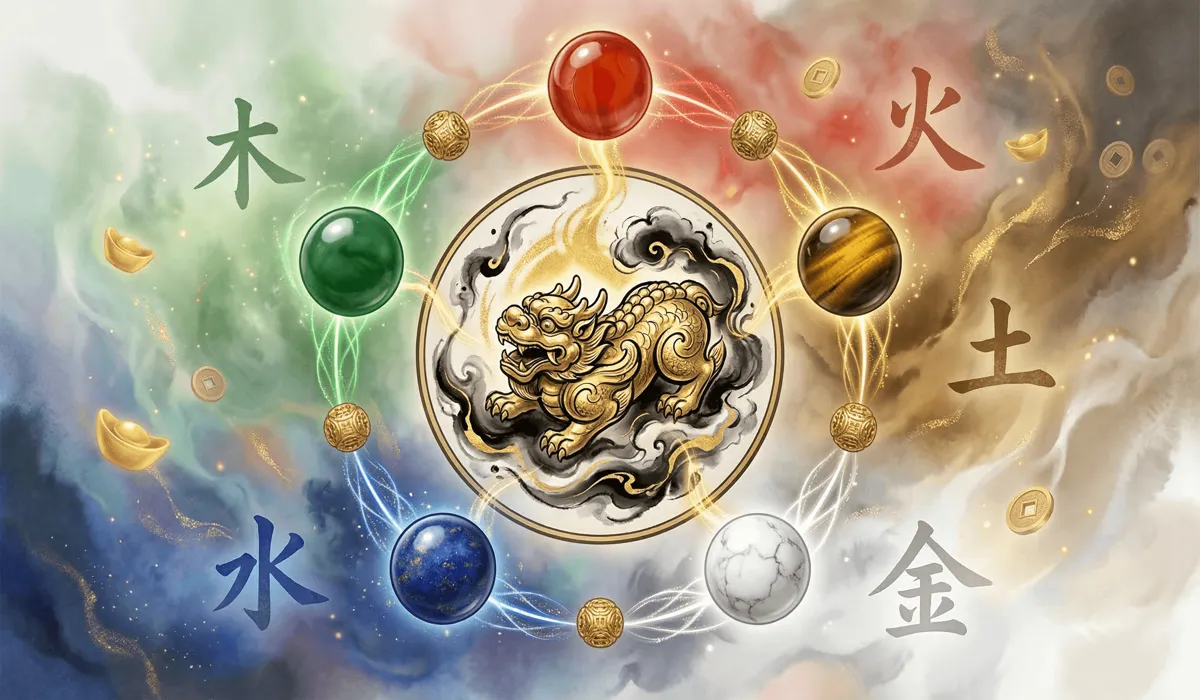 Where to Buy Authentic Feng Shui Bracelets: A Guide to Finding Original Pieces 1 - Buddha Bodhis Five Elements Theory visualization with gemstone beads and a golden Pixiu for spiritual harmony.