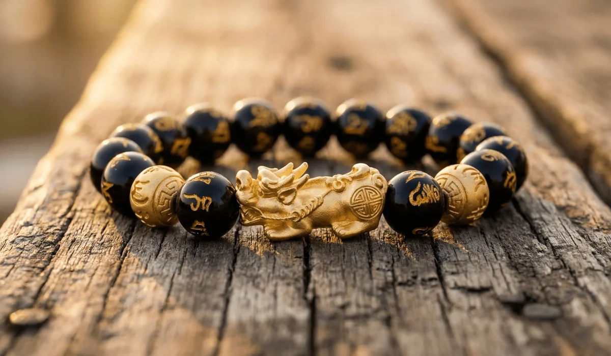 How Often Should You Replace Your Feng Shui Bracelet? Signs Your Cure Has Lost Its Power - Buddha Bodhis A traditional black obsidian Pixiu feng shui bracelet for wealth and protection on a wooden background.
