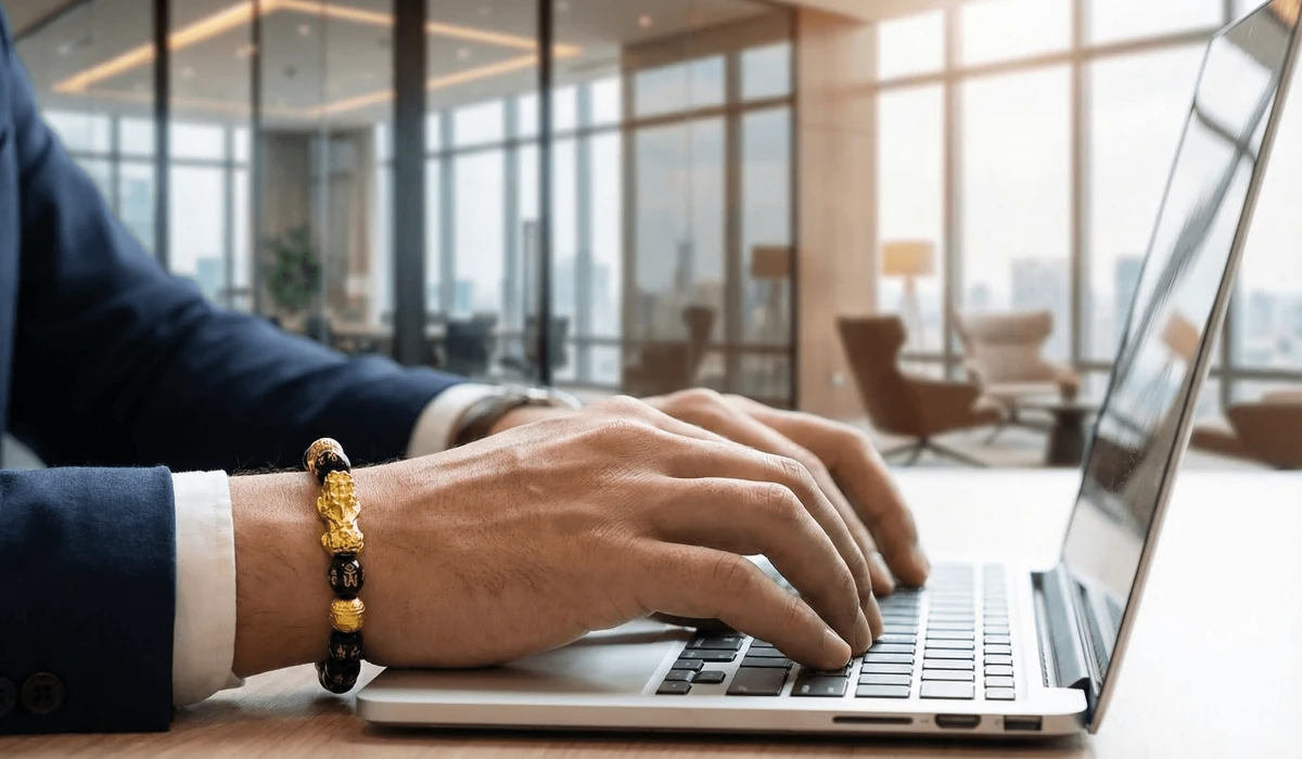How Often Should You Replace Your Feng Shui Bracelet? Signs Your Cure Has Lost Its Power 2 - Buddha Bodhis A man wearing a feng shui bracelet on his left hand for attracting prosperity in a professional setting.