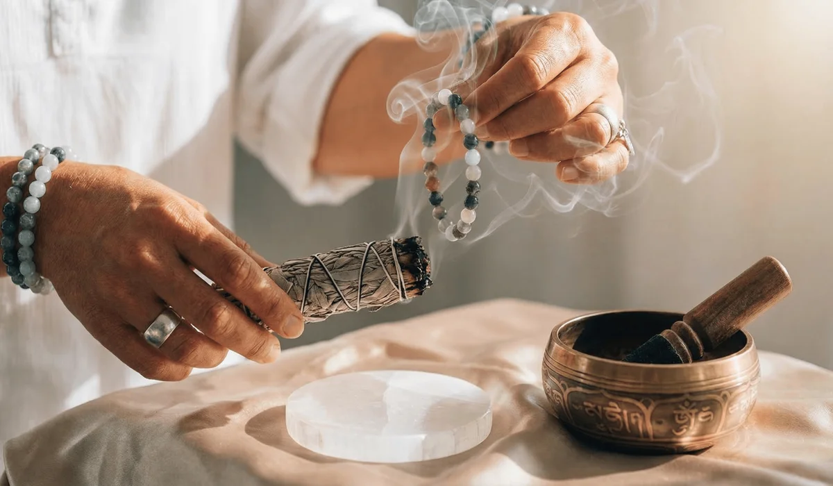 How Often Should You Replace Your Feng Shui Bracelet? Signs Your Cure Has Lost Its Power 3 - Buddha Bodhis Cleansing a feng shui bracelet with sage smoke and selenite to remove negative energy saturation.