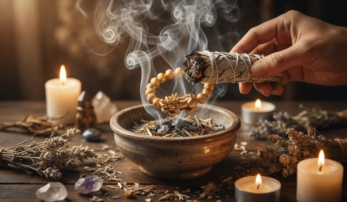 How to Properly Activate Your Pixiu Bracelet: A Step-by-Step Feng Shui Guide 1 - Buddha Bodhis Cleansing a Pixiu bracelet with sage smoke to activate its spiritual energy and remove negative chi.