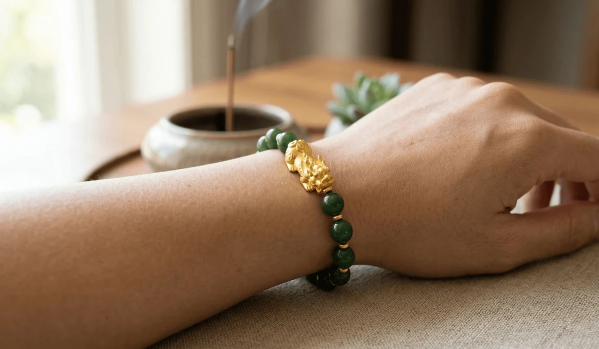 How to Properly Activate Your Pixiu Bracelet: A Step-by-Step Feng Shui Guide 2 - Buddha Bodhis Correct way to wear a Pixiu bracelet on the left hand with the head facing outward for Feng Shui wealth luck.