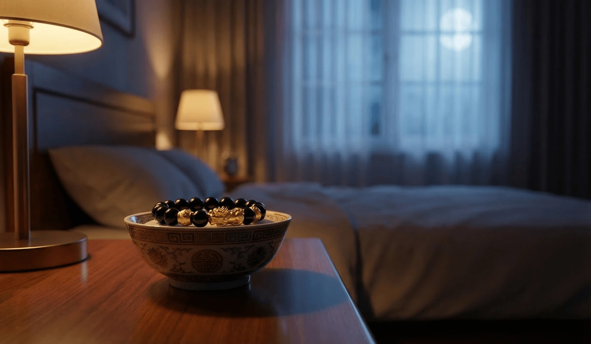 Can You Wear Your Pixiu Bracelet While Sleeping? Rules and Best Practices - Buddha Bodhis A black obsidian Pixiu bracelet placed in a bowl on a nightstand at night, showing the proper way to store it while sleeping to maintain Feng Shui balance.