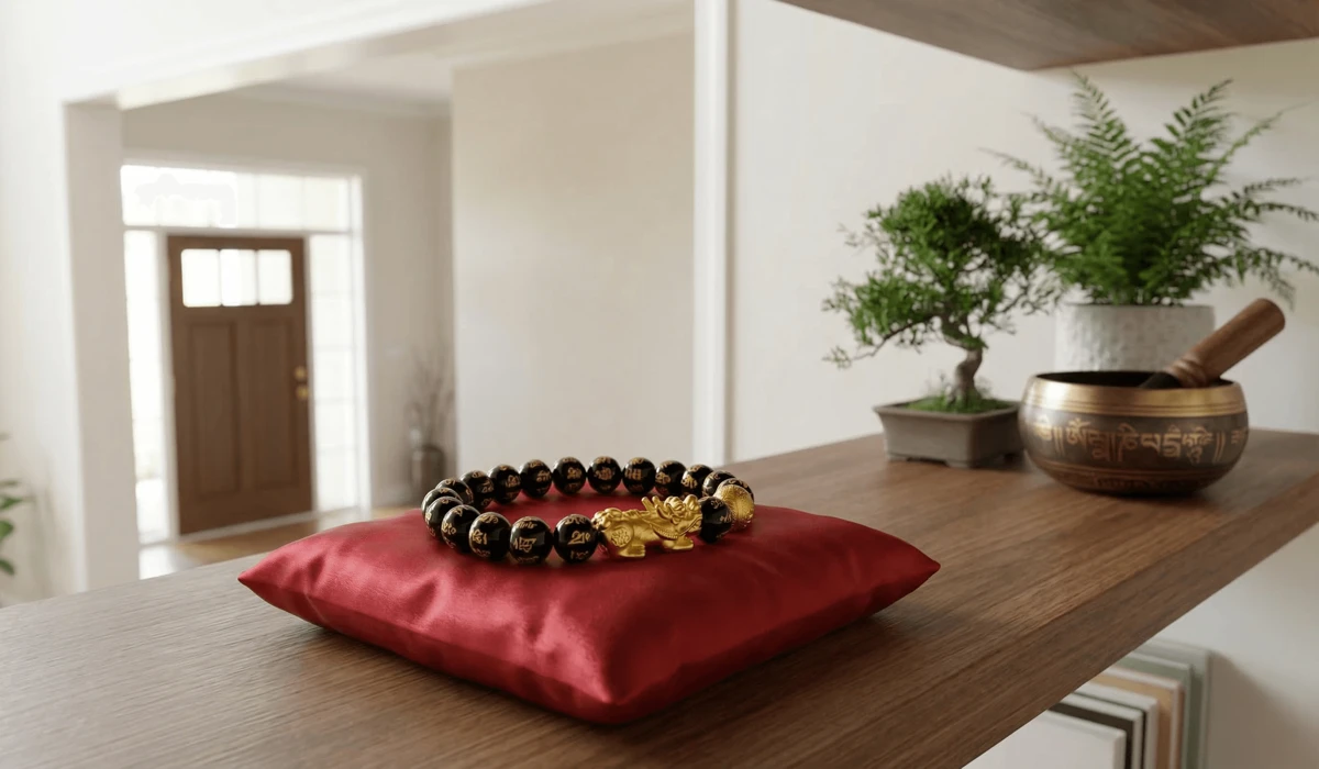Can You Wear Your Pixiu Bracelet While Sleeping? Rules and Best Practices 3 - Buddha Bodhis Pixiu bracelet stored on a high shelf in the living room facing the door, a recommended practice for protecting the home's wealth energy.