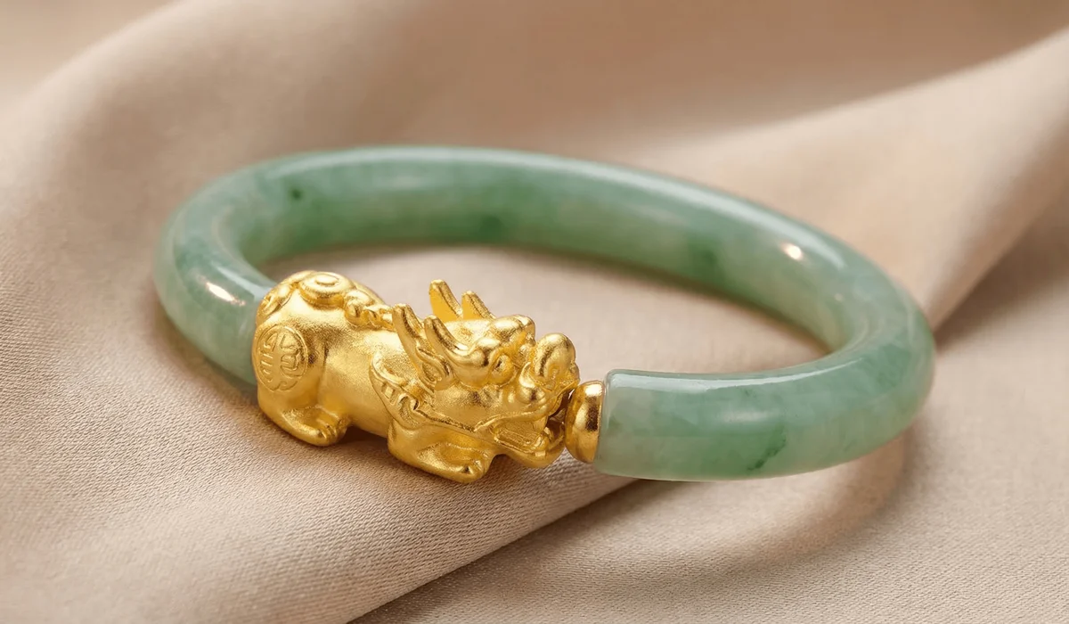 Can You Wear Your Pixiu Bracelet While Sleeping? Rules and Best Practices 1 - Buddha Bodhis Detailed close-up of a jade and gold Pixiu charm, showcasing the mythical dragon-lion hybrid features used for wealth attraction.