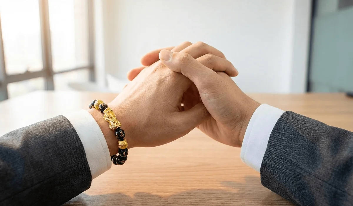 Can You Wear Your Pixiu Bracelet While Sleeping? Rules and Best Practices 2 - Buddha Bodhis A person wearing a Pixiu bracelet on their left hand with the head facing outward, demonstrating the correct Feng Shui orientation for attracting riches.