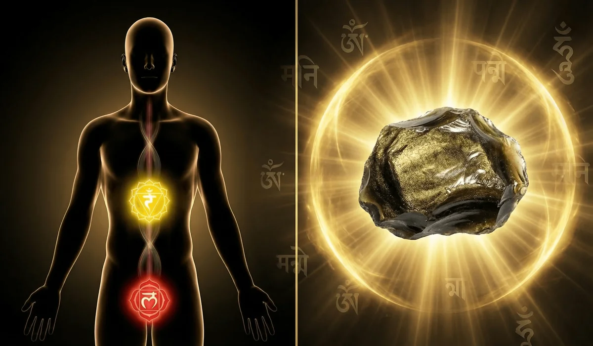 Gold Sheen Obsidian Pixiu Bracelet: Meaning and Benefits 1 - Buddha Bodhis Conceptual illustration of Gold Sheen Obsidian connecting the Root and Solar Plexus chakras for manifestation and protection.