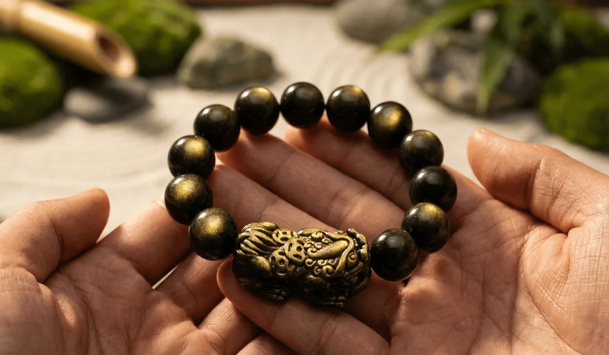 Gold Sheen Obsidian Pixiu Bracelet: Meaning and Benefits - Buddha Bodhis Close-up of a Gold Sheen Obsidian Pixiu Bracelet showing golden chatoyancy and the mythical wealth-attracting creature.