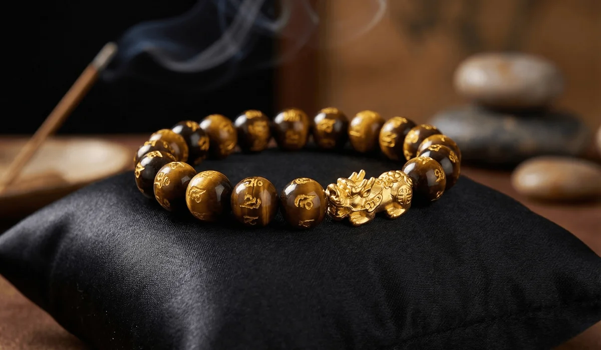 Tiger Eye Pixiu Bracelet Meaning: Benefits, Rules, and Wealth Symbolism - Buddha Bodhis A luxury Tiger Eye Pixiu bracelet with golden-brown chatoyant beads and a gold Pixiu charm on a black silk background.