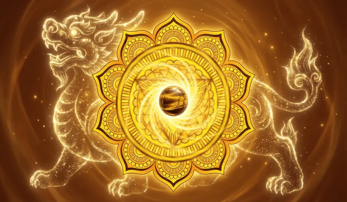 Tiger Eye Pixiu Bracelet Meaning: Benefits, Rules, and Wealth Symbolism 1 - Buddha Bodhis Digital illustration of the Solar Plexus Chakra energy combined with the mythical Pixiu symbol for wealth manifestation.