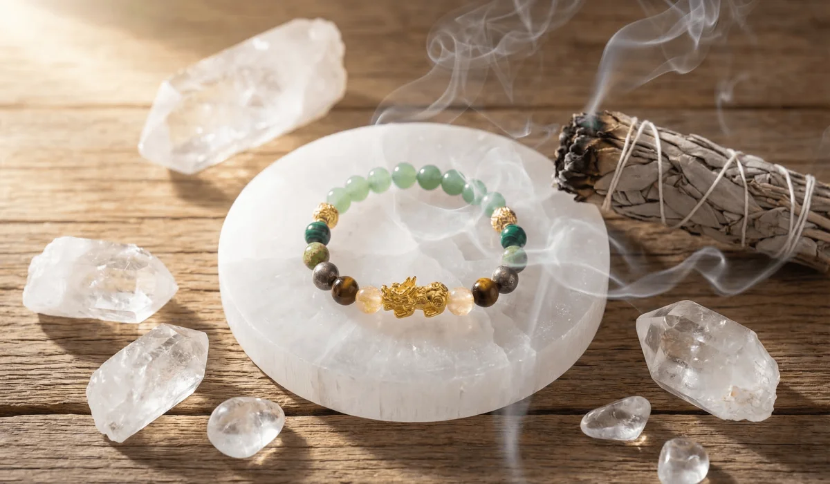 Tiger Eye Pixiu Bracelet Meaning: Benefits, Rules, and Wealth Symbolism 3 - Buddha Bodhis Cleansing a Tiger Eye Pixiu bracelet using a Selenite charging plate and sage smudge stick to refresh its energy.