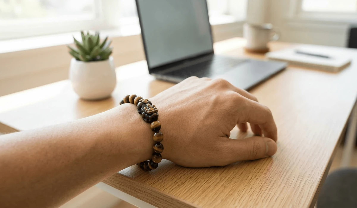 Tiger Eye Pixiu Bracelet Meaning: Benefits, Rules, and Wealth Symbolism 2 - Buddha Bodhis Correct way to wear a Tiger Eye Pixiu bracelet on the left hand with the Pixiu head facing outward for Feng Shui wealth luck.